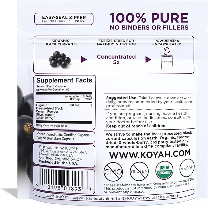 KOYAH - Organic Black Currant Capsules - Freeze-Dried Whole-Berry 600 mg Vegan Gluten-Free Non-GMO. Antioxidant Support. 60 Capsules
