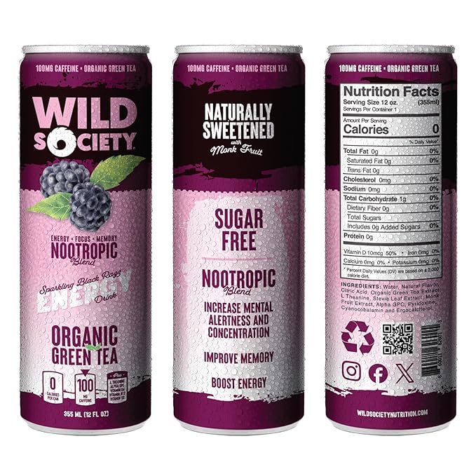 Wild Society Natural Energy Drink + Nootropics (12 pack) - 100 mg Organic Caffeine from Green Tea - Zero Sugar &amp Zero Calories - Monk Fruit Sweetened - Clean Ingredients - Fuel Mind &amp Body - B