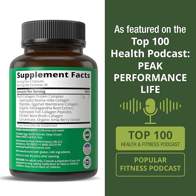 Peak Performance All 5 Multi-Collagen Capsules - 90 Pills of Grass Fed Peptides Protein - Supplement with All 5 Collagen Types I II IIIV X from Beef Fish Eggshell and Chicken Bone Broth