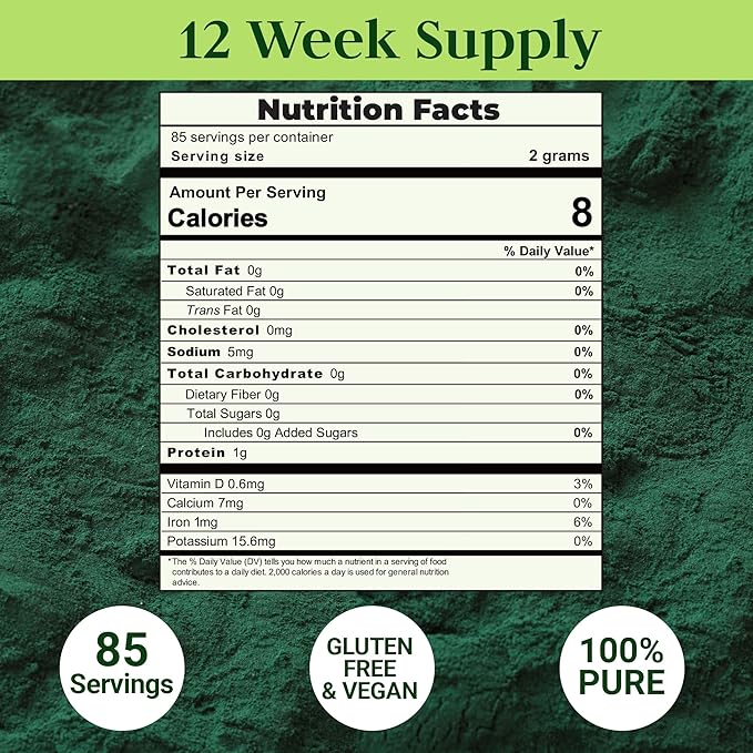 Premium Chlorella Spirulina Powder | 85 SERVINGS | Non-GMO | Sunlight Grown | Deep Green Color | Cracked Cell Wall | Alkalyzing | High Protein | Vegan Capsules | Good Natured