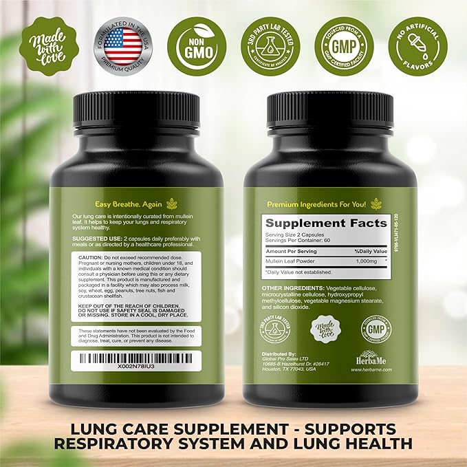 Mullein Leaf 1000mg 120 Capsules Lung Detox for Smokers Lung Cleanse Supplement Supports Respiratory Function Health Promotes Mucous Membranes | Ear Health Mucus Relief Herbal Pills