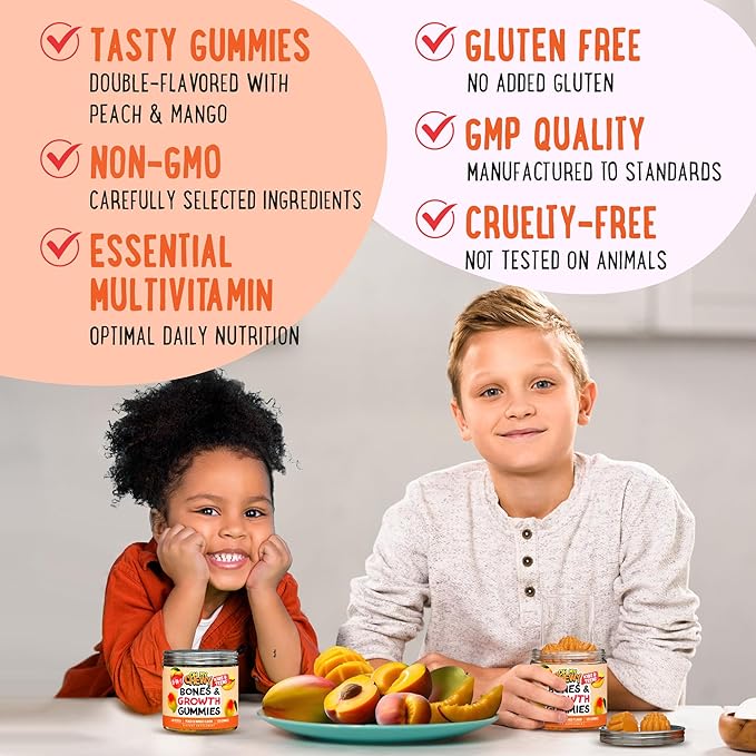 Height Growth Vitamin Gummies for Kids &amp Teens - Growing Up and Bones Support for Supplement with Calcium Zinc Vitamin D3 K2 Spirulina and Astragalus – Peach &amp Mango 60 CT