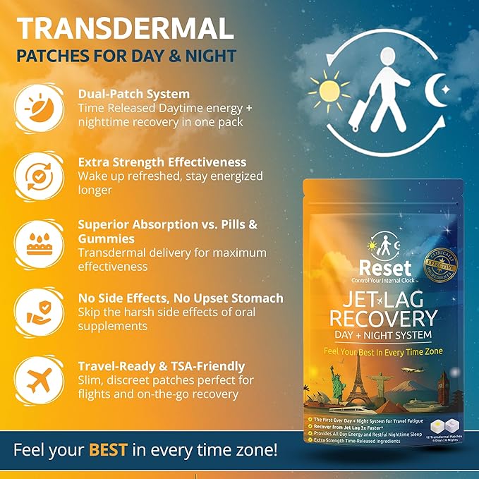 Reset Jet Lag Recovery System | Day and Night Transdermal Patches with Extra Strength Melatonin Magnesium and B Vitamins | Travel Fatigue Relief Sleep Support | Energy Boost ((3pk) Family Travel)