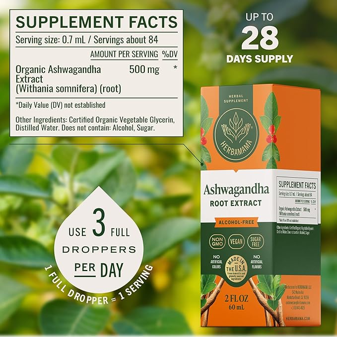 HERBAMAMA Ashwagandha Liquid Drops - Vegan Ashwagandha Root Extract for Calm &amp Mood Support - Non-GMO Alcohol &amp Sugar-Free Calming Supplement for Adults 28-Day Supply