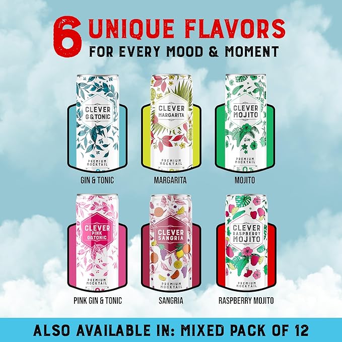 CLEVER - Raspberry Mojito Nonalcoholic Mocktails for Any Occasion Sugar-Free Beverages with Botanical Extracts Low-Calorie Mocktails Non-alcoholic Drinks with 10 Calories Pack of 12 (12 oz Ea)