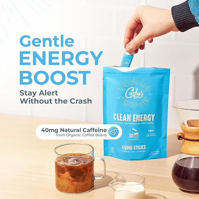 Curly's Clean Energy Caffeine &amp Electrolyte Sticks - Energize Your Favorite Drink - Keto Paleo &amp Whole 30 Friendly - All Natural - No Sugar No Calories Non-GMO - 30 Flavorless Liquid Stick