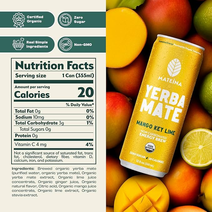 Mateina Yerba Mate Zero Sugar Energy Drink – 120mg Natural Caffeine – Organic Non-GMO Non-Carbonated – Dr. Andrew Huberman Recommended – (12 fl oz Cans 12 Pack) Mango Key Lime