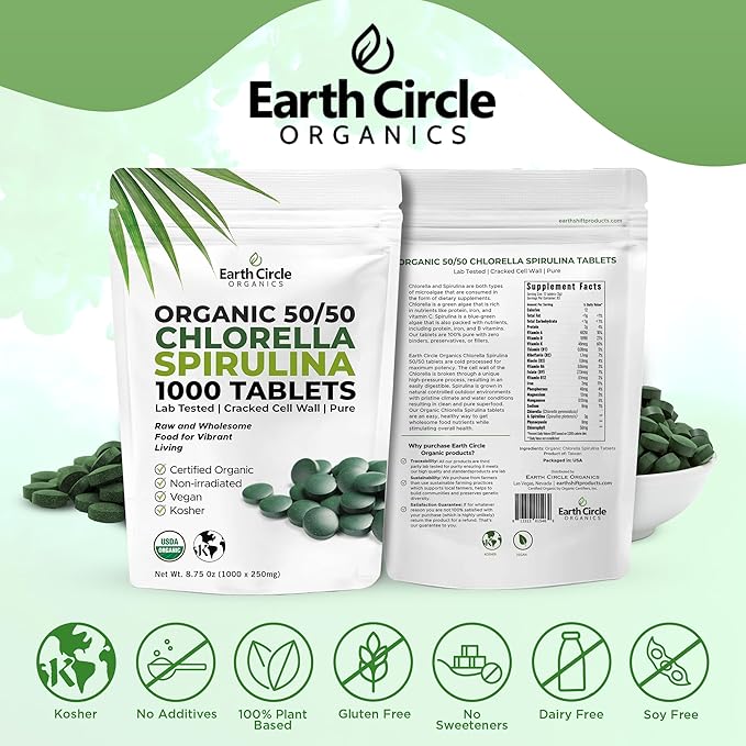 Premium Organic Chlorella / Spirulina Tablets 1000 Count (50/50) | Vegan Kosher Green Algae Superfood | Cracked Cell Wall for Maximum Absorption | High in Protein Iron Chlorophyll - Pack of 1