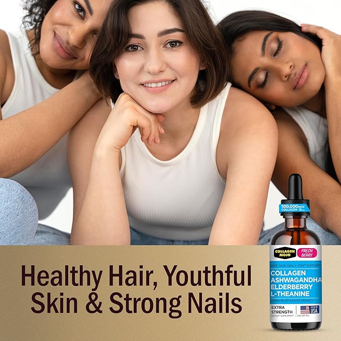 Collagen Mojo - Liquid Collagen for Women &amp Men Collagen Peptides with Ashwagandha Elderberry &amp L-Theanine - Hair Skin Nails Joint &amp Stress Support High Absorption - 100000mcg 2 Oz