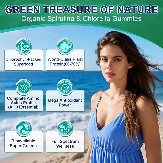 NEVISS Spirulina &amp Chlorella Gummies - Probiotic &amp Super Greens Supplement Superfood Rich in Antioxidants Chlorophyll Protein Essential Amino Acids for Cellular Energy Immunity &amp Eye