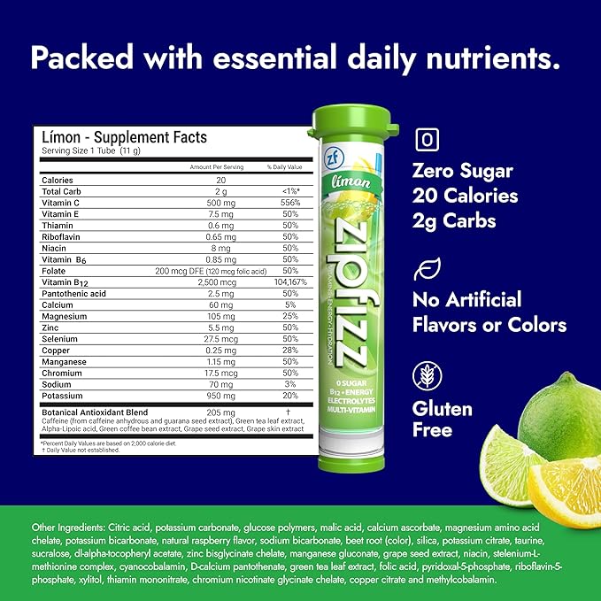 Zipfizz Daily Energy Drink Powder Limon 20 Pack | 3-in-1 Sustained Energy Rapid Hydration and Essential Vitamins | Sugar-Free | Electrolyte Powder | Contains Vitamin B-12 &amp Antioxidants