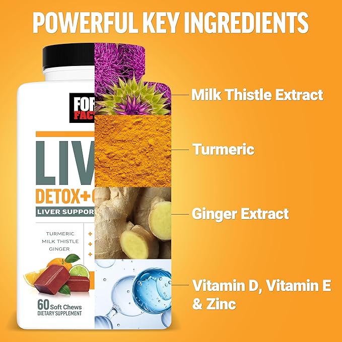 Force Factor Liver Detox + Cleanse Liver Supplement for Detox and Repair Milk Thistle Turmeric &amp Ginger Supports Liver Health Digestion &amp Immune Function Citrus Punch 60 Soft Chews