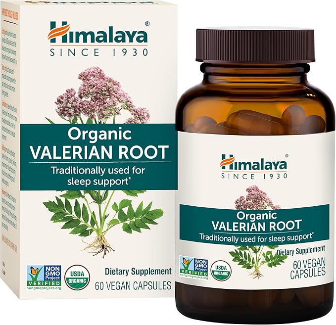 Himalaya Organic Valerian Root Herbal Sleep Support for Calm Relaxation USDA Organic Non-GMO Vegan Gluten Free 1000 mg 60 Capsules