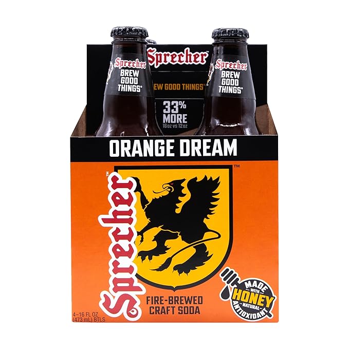 Sprecher Orange Dream Soda in 16 fl oz Glass Bottles (12 Pack) Fire Brewed Craft Orange Cream Soda with Real Honey Naturally Flavored Gourmet Soft Drink