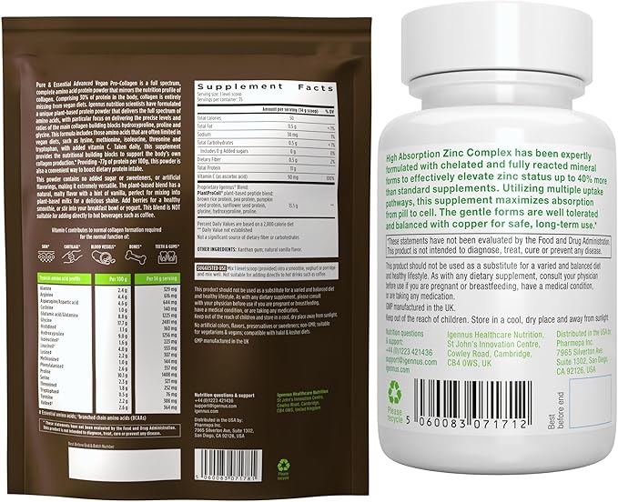 Vegan Vanilla Collagen Protein Powder + Zinc Complex Vegan Bundle for Skin Hair &amp Nails. Complete Collagen Boosting Formula + 25mg Chelated Zinc by Igennus
