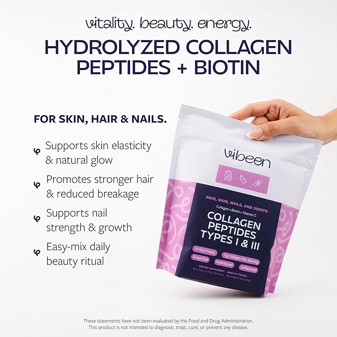 Hydrolyzed Collagen Peptides Powder Packets with Biotin &amp Vitamin C 11g Collagen Per Serving Stick Grass-Fed Bovine Type 1 and 3 Per Serving (Unflavored) (20 Servings)