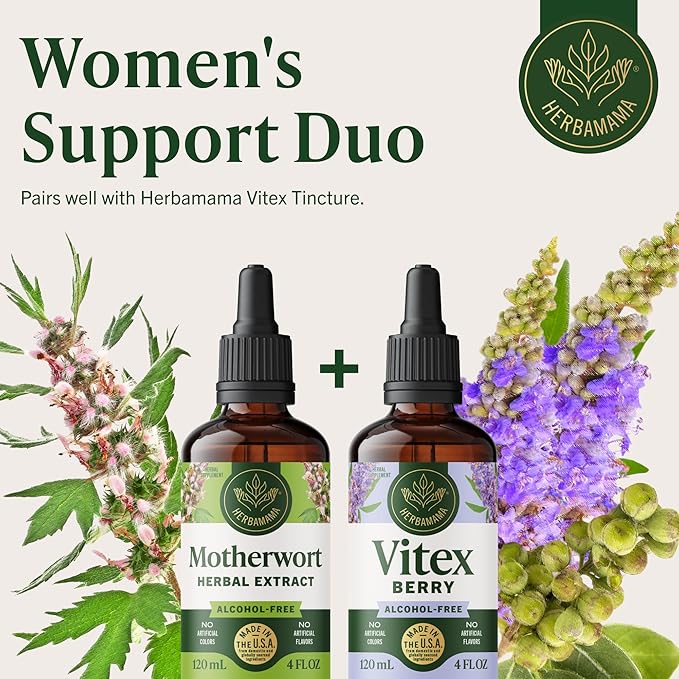 HERBAMAMA Motherwort Tincture - Vegan Motherwort Herb Extract Calming Drops for Women's Support - Non-GMO Alcohol &amp Sugar-Free Liquid Relaxation Supplement 56-Day Supply