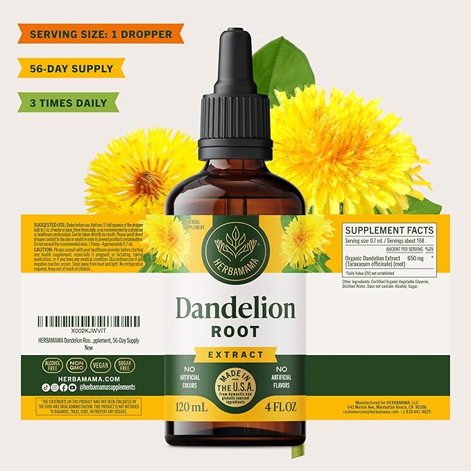 HERBAMAMA Dandelion Drops - Vegan Liver Cleanse with Dandelion Root Extract - Non-GMO Alcohol &amp Sugar-Free Liquid Liver Support Supplement - 56-Day Supply