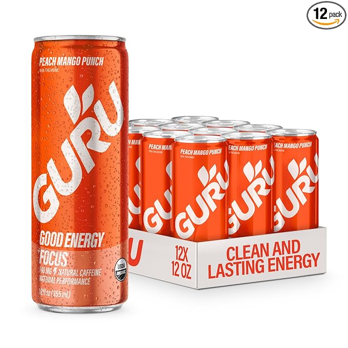 GURU Peach Mango Punch Organic Energy Drinks Clean Energy Drink with Plant Based Natural Caffeine from Green Tea + Focus with L Theanine Gluten Free and Vegan 140MG Caffeine 12oz (Pack of 12)