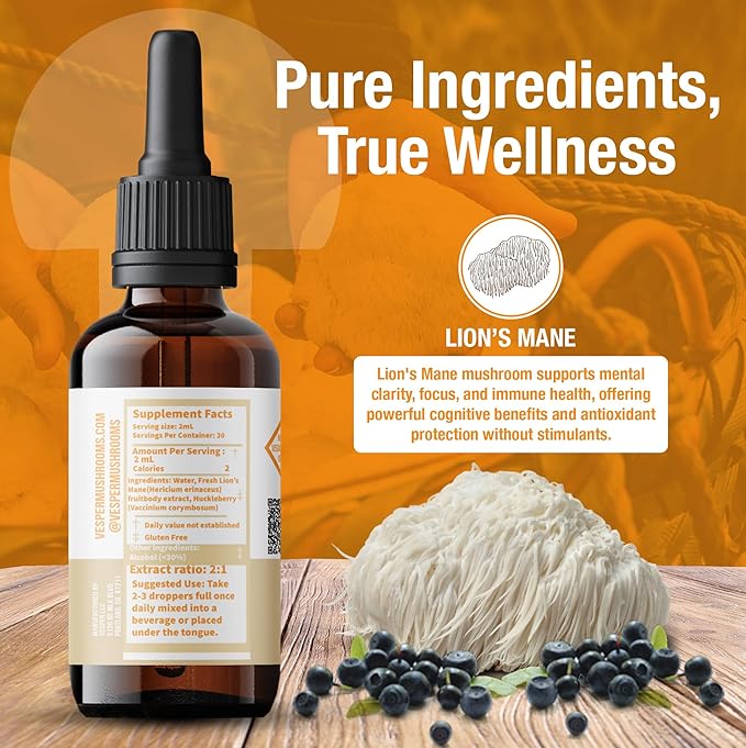 Vesper Lion’s Mane Mushroom Liquid Extract - Double Extraction with Wild Huckleberries for Brain Health Cognitive Support Focus &amp Immune Wellness USA-Grown for Clarity &amp Mental Performance