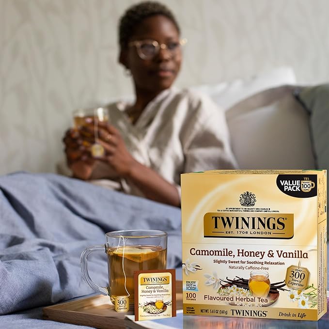Twinings Camomile Honey &amp Vanilla Herbal Tea Individually Wrapped Bags 100 Count (Pack of 1) Naturally Caffeine-Free Enjoy Hot or Iced 100 Teabags