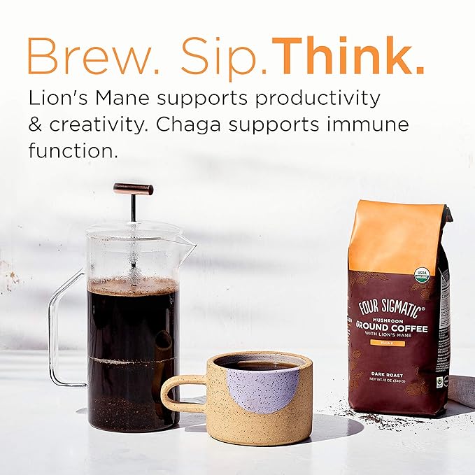 Four Sigmatic Mushroom Ground &amp Instant Coffee - Organic Fair Trade with Lions Mane &amp Ashwagandha 12 Oz &amp 10 Count