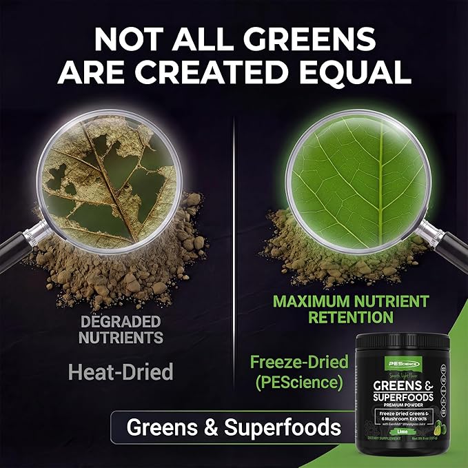 PEScience Greens Powder Superfood with Natural Chlorophyll Reishi &amp Turkey Tail Mushroom Powders Freeze-Dried Kale Spinach Broccoli Sprouts - Lime Flavor 30 Servings