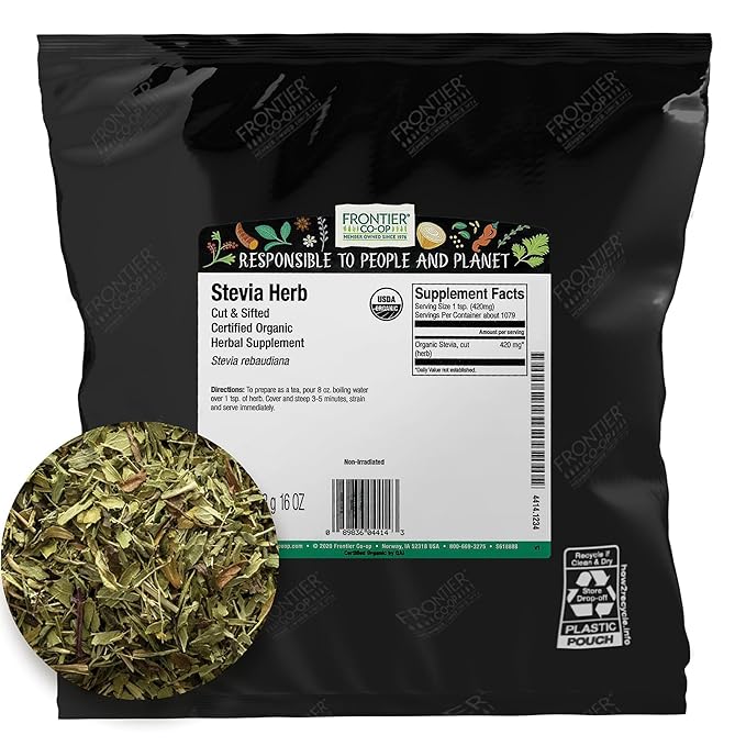 Frontier Co-op Stevia Herb Cut and Sifted (Green) Certified Organic | 1 lb. Bulk Bag | Stevia rebaudiana Bertoni