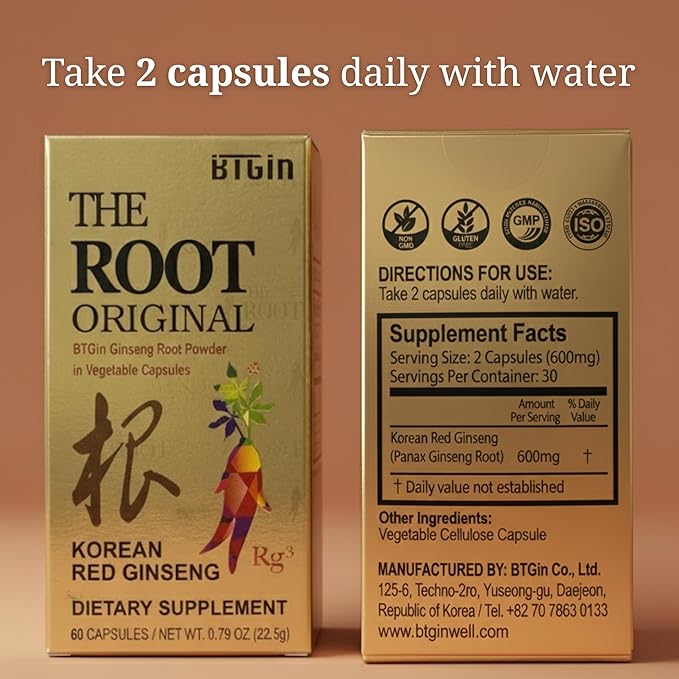 The Root Original Korean Red Panax Ginseng Supplement - 100% Whole Fine Root Powder with Natural Fiber &amp Minerals - Caffeine Free Stamina Wellness &amp Immunity Support - 60 Capsules