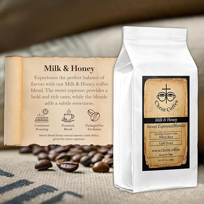 Christ Coffee Milk and Honey Sweet Espresso/Blonde Ground Bean | Smooth and Sweet Flavor Perfect for Espresso or Brewed Coffee | Freshly Roasted 12 oz Bag