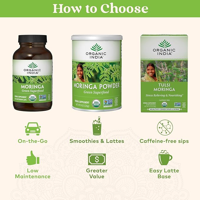 ORGANIC INDIA Moringa Capsules Organic - Moringa Supplement - Green Superfood Pure Supergreen Vegan Greens Nature's Multivitamin Vegan Gluten-Free - 180 Capsules