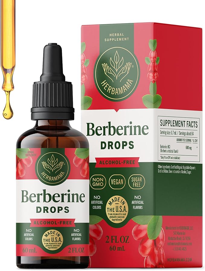 HERBAMAMA Berberine Liquid Drops - Vegan Antioxidant &amp Overall Support with Berberine HCL 500mg Extract Tincture - Non-GMO Alcohol &amp Sugar-Free Supplement 42-Day Supply