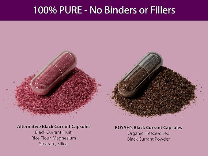 KOYAH - Organic Black Currant Capsules - Freeze-Dried Whole-Berry 600 mg Vegan Gluten-Free Non-GMO. Antioxidant Support. 60 Capsules