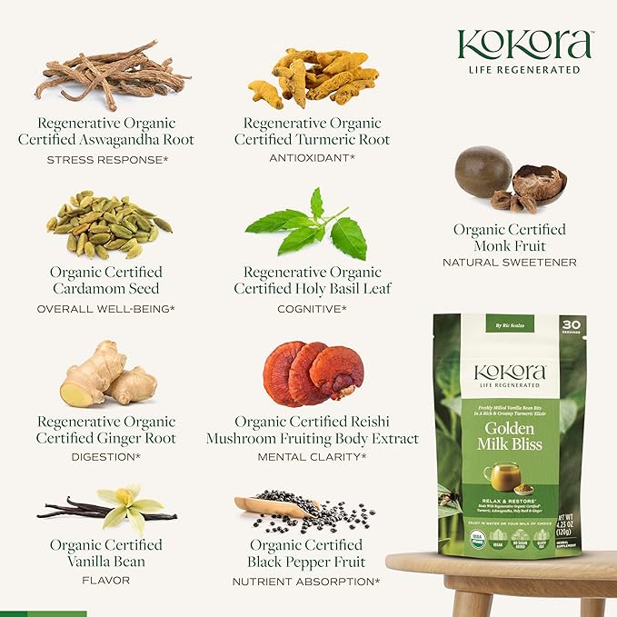 Kokora Golden Milk Bliss - Relax Restore Calm the Mind* - Regenerative Organic Certified Turmeric Ashwagandha Holy Basil &amp Ginger - Vegan Non-GMO No Added Sugar - 120g - 30 Servings