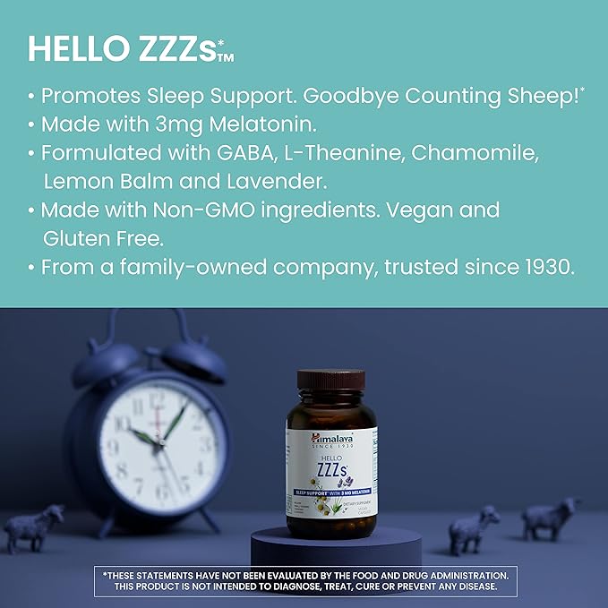 Himalaya Hello ZZZs 60 Day Supply - Herbal Sleep Supplement with Melatonin GABA L-Theanine Lavender Chamomile and Lemon Balm - Vegan Non-GMO Gluten Free 60 Capsules