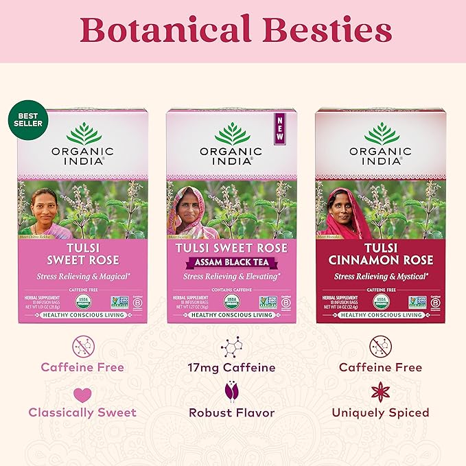 ORGANIC INDIA Tulsi Cinnamon Rose Tea Bags - Tulsi Rose Tea Bags Cinnamon Tea Bags with Holy Basil Chamomile Stevia USDA Certified Organic Caffeine Free Herbal Tea - 18 Infusion Bags 6 Pack