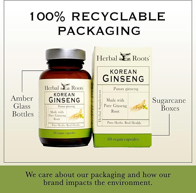 Herbal Roots Panax Ginseng | Organic Korean Ginseng Root Powder | 1000mg | High Ginsenosides for Energy &amp Performance | 60 Vegan Capsules