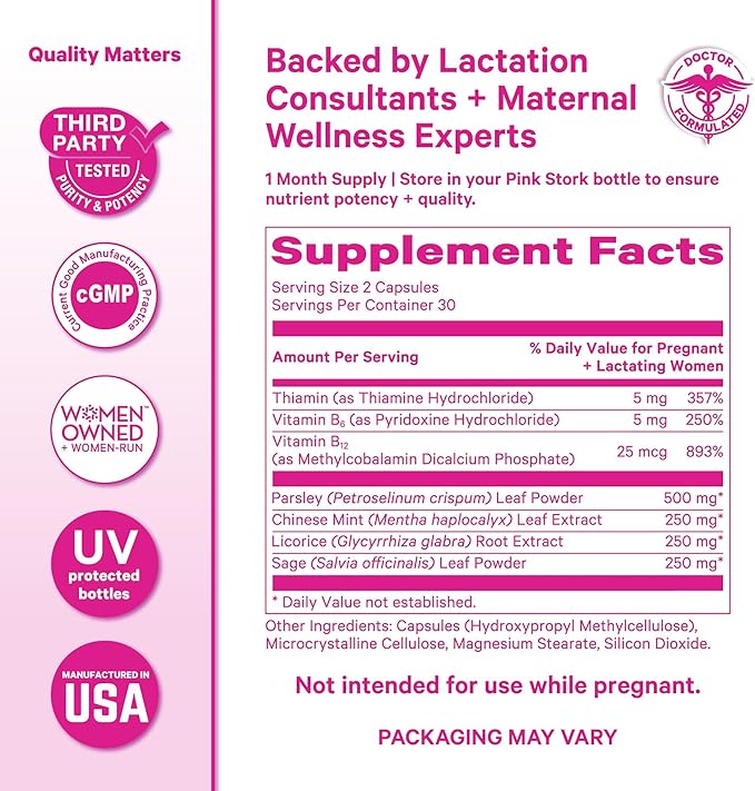Pink Stork No Flow: Dry Up Breast Milk Supply with Sage Parsley and B Vitamins Postpartum Essentials for Women to Stop Breastfeeding and Decrease Milk Production 60 Capsules