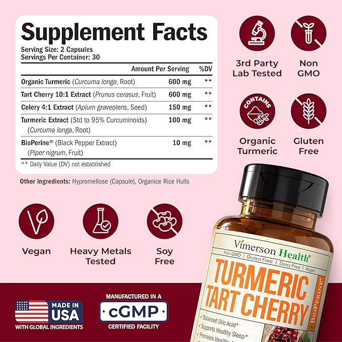 Turmeric Curcumin Supplement with 10:1 Tart Cherry Extract &amp Celery Seed Extract – Natural Uric Acid Balance Joint Health Sleep Aid – Turmeric Curcumin with Black Pepper –Tart Cherry Capsules 2