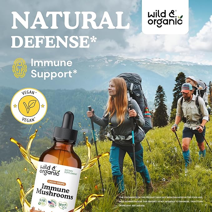 Wild &amp Organic Immune Mushroom Tincture - 8-in-1 Immune Support with Chaga Reishi Turkey Tail Lion’s Mane Maitake Extract - Liquid Mushroom Supplement - Vegan Sugar &amp Alcohol-Free Drops -