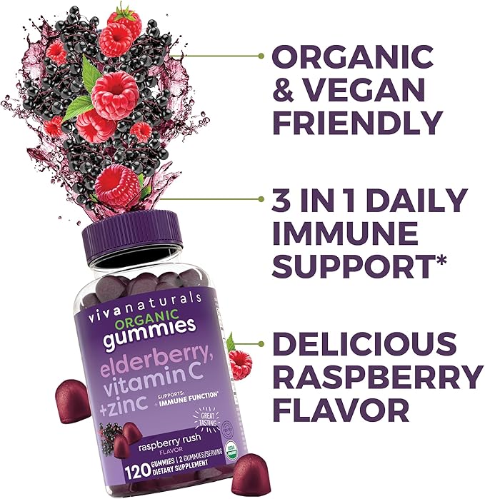 Viva Naturals Organic Sambucus Elderberry Gummies for Adults (120 Count) - 3in1 Black Elderberry Vitamin C and Zinc Immune Support Gummies Chewable Elderberry Supplements Zinc Immunity Gummies