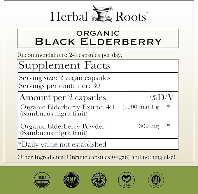 Herbal Roots Organic Black Elderberry Capsules | Max Strength | Made with Organic Sambucus | 60 Vegan Capsules (Pack of 2)