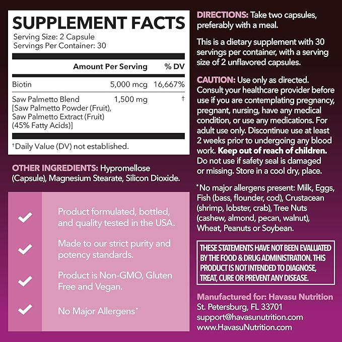 Saw Palmetto for Women with Biotin 5000mcg - Powerful DHT Blocker to Support Hair Skin and Nail Health - 60 Count - Vegan Non-GMO Vitamin for Stronger Fuller Looking Locks - 1 Month Supply