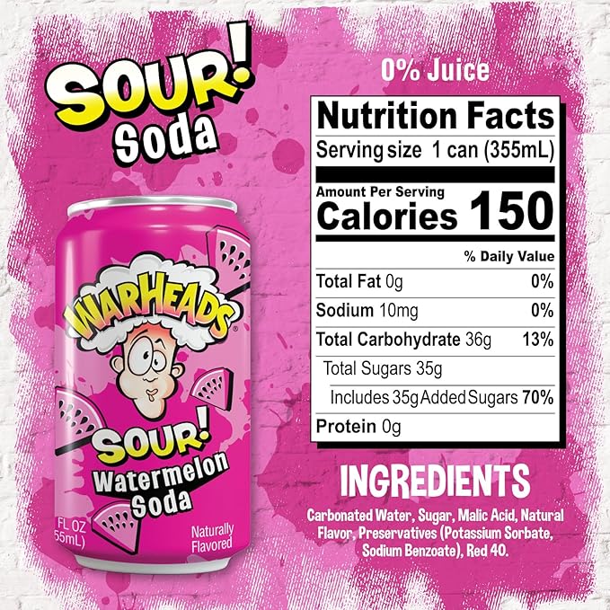 Sour Fruity Soda with Classic Warheads Flavors – Perfectly Balanced Sweet and Sour Soda - Warheads Candy Throwback Treat Soda Cocktail Mixer Pack of 12 12oz Cans (Watermelon)