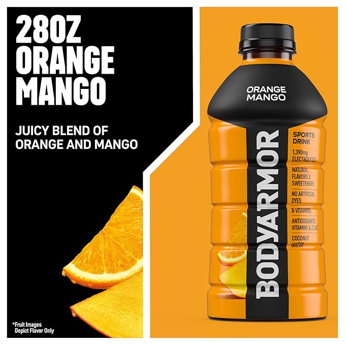 BODYARMOR Sports Drink Orange Mango Electrolyte Drink Hydration 28 Fl Oz Bottles (15 Pack) Flavored Coconut Water with B Vitamins &amp Antioxidants