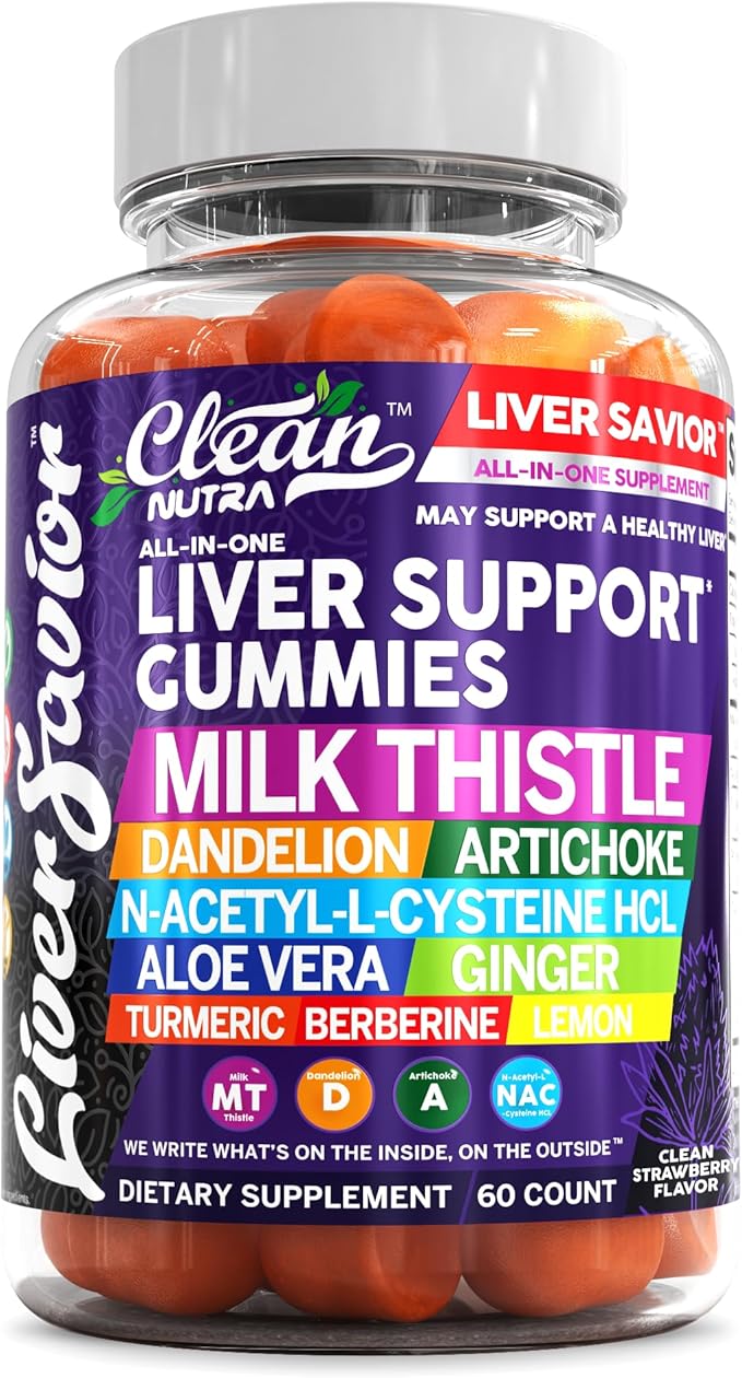 Clean Nutra Liver Cleanse Detox &amp Repair Gummies | Milk Thistle Gummy Liver Support Vitamins | Dandelion Artichoke Aloe Vera Ginger Berberine Lemon N-Acetyl-L-Cysteine Turmeric Supplement H