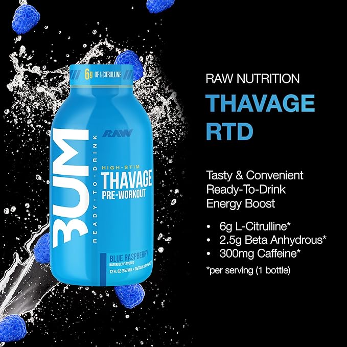 RAW Ready to Drink Pre-Workout Drink - BUM Thavage RTD Preworkout Shakes - Energy Supplement Drinks with Beta Alanine L-Citrulline &amp Caffeine - Zero Sugar (12 Pack Blue Raspberry)