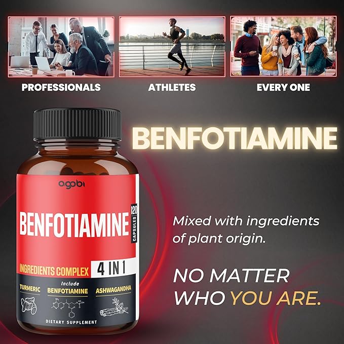 agobi 4in1 Benfotiamine Supplement - 2 Months for Digestion Energy Production &amp Immune - Plus Turmeric Curcumin Root Ashwagandha Root &amp Organic Gymnema Sylvestre - 120 Capsules