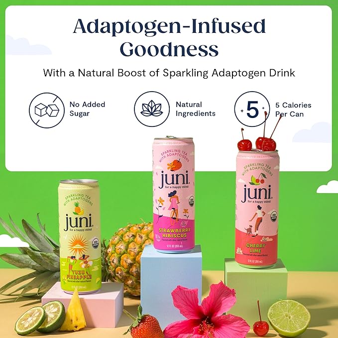 Juni Sparkling Adaptogen Drink with Ashwagandha Lion’s Mane &amp Reishi Mushrooms | Green Tea for Focus Zero Sugar 5 Calories | Decaffeinated Non Alcoholic Drinks – Variety Pack (12 Pack)