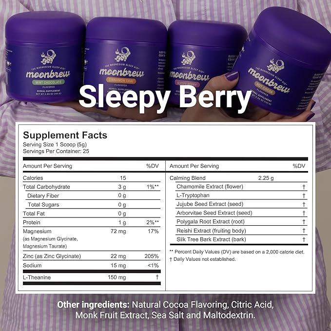 MoonBrew Nighttime Magnesium Sleepy Berry Smoothie Natural Sleep Aid Drink Mix for Adults 2-Pack - Calming Melatonin-Free Sleep Support with L-Theanine Chamomile &amp Zinc Glycinate - 50 Servings